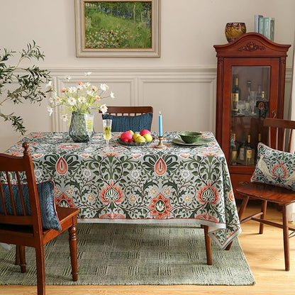 ISAENNE Designer Bohemian Linen Green Extra Long Rectangle Tablecloth,Floral Indoor Table Cloth,Stain Resistant Decor Tablecloths for Dining Thanksgiving Kitchen Party Christmas,63"*110"-Naples