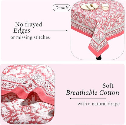 CPC Tablecloth 100% Cotton 70x118 Inch Indian Block Print Rectangle Table Cover, Table Cloth for Weddings, Spring/Summer, Barbeque - Pink Coral