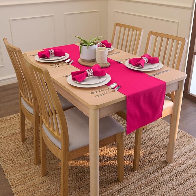 Encasa XO Table Runner 13"x72" Long | Cotton Canvas Fabric | Hot Pink Solid Color | Machine Washable & Durable