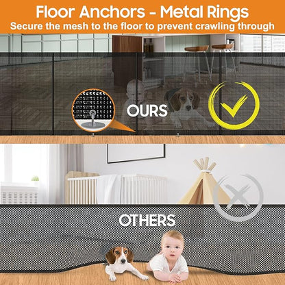 Retractable Baby Gates - 200" Extra Wide Retractable Dog Gate, 42" Extra Tall Mesh Gate Pet Gate with Support Rods, Long Child Safety Gate for Stairs Doorways Indoor Outdoor Large Openings - Black