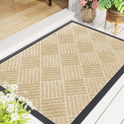Smiry Front Door Mat Outside Entrance, Heavy Duty Outdoor Indoor Natural Rubber Doormat, Non Slip, Trap Dirt and Moisture, Easy Clean, Low Profile Patio Porch Entryway Mat, 35x23, Beige