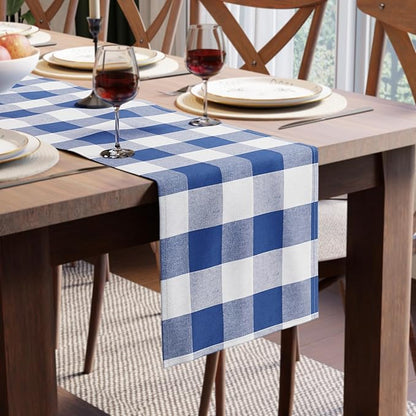 Encasa XO Cotton Dining Table Runner | Buffalo Blue Checks | Size 13x91 in - Machine Washable & Durable
