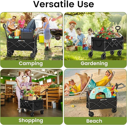 Collapsible Wagon with Wheels, 220 lbs Wagons Carts Foldable Wagon Cart with Flexible Handle, Lightweight Portable Folding Utility Grocery Shopping Cart for Grocery Sports Garden Camping