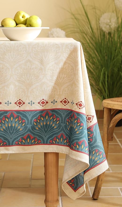 Vintage Beige Linen Extra Long Rectangle Tablecloth,Paisley Farmhouse Feather Pattern Table Cloth,Decor Table Cover for Kitchen,Dining,Thanksgiving,Christmas,63"*110"-Dorodango F