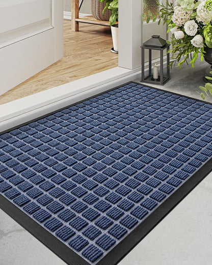 DEXI Front Door Mat Outside Entrance, 2x3 ft Rubber Entry Doormat Heavy Duty, Welcome Mats Non Slip for Inside House Floor Entryway Double Doors Exterior Patio, Checkered Blue