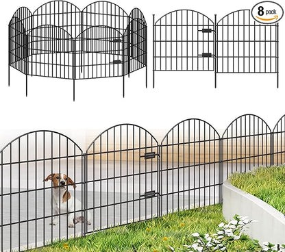 Metal Garden Fence with Gate 28in (H) x 18.7ft (L), 1 Gate + 7 Panels Dog Fence Border Fence Animal Barrier, No Dig Garden Fencing for Yard Flower Bed Lawn Patio Outdoor, ECG2829 Black