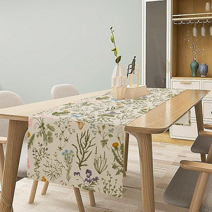 Vintage Wildflower Table Runner,Spring Floral Herbs Botanical Summer Butterfly Print Table Runner for Kitchen Dining Table Home Party Decor 13x60in
