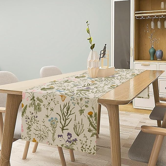 Vintage Wildflower Table Runner,Spring Floral Herbs Botanical Summer Butterfly Print Table Runner for Kitchen Dining Table Home Party Decor 13x70in
