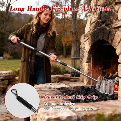 Ash Sifter Shovel for Fireplace Fire Pit Wood Stove, 43Inch Long Handle Metal Coal Sifter Adjustable Charcoal Ash Shovel Heat Resistant Fireplace Tools for Easy Sifting, 3-Section Detachable Handle