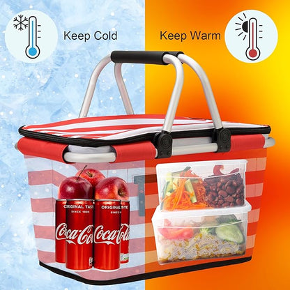 SIYUAN Picnic Basket with Handles 30L Leakproof Insulated Cooler Stripped Grocery Shopping Market Tote for Family Red White