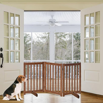 LZRS Freestanding Dog Gate 30 inch Tall - 3 Panels Solid Wooden Pet Gate for Doorways, Stairs & Hallways, Expandable & Foldable with Support Feet，Indoor Use,Oak