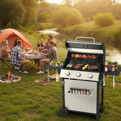 Propane Gas BBQ Grill, Upgraded 30,000 BTU Stainless Steel Barbecue Grill with Foldable Side Tables, Spice Rack & Wheels for Outdoor Cooking(3 Burner grill)