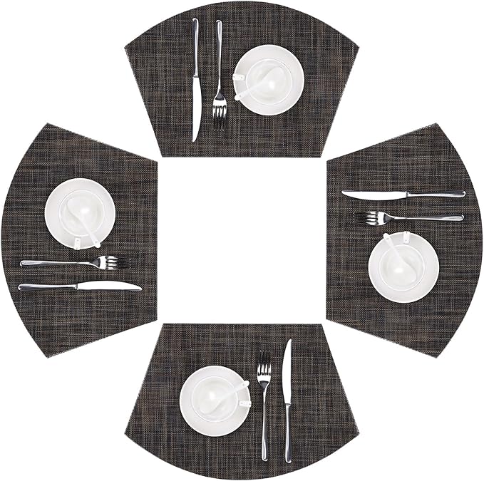 SHACOS Small Wedge Placemats Set of 4 Woven Vinyl Round Table Placemats Wipe Clean Round Table Mats Indoor Outdoor, Black Brown