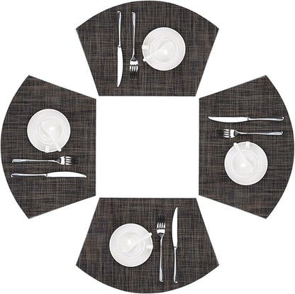 SHACOS Small Wedge Placemats Set of 4 Woven Vinyl Round Table Placemats Wipe Clean Round Table Mats Indoor Outdoor, Black Brown