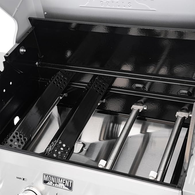 Monument Grills 4-Burner Liquid Propane Gas Grill, Silver Stainless Steel Grill Patio Garden Barbecue Grill with Clearview® Lid and One Foldable Shelf, Mesa400MF with BBQ Cover