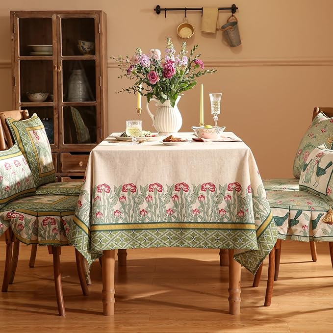 patdrea Designer Vintage Linen Rectangle Table Cloth,Floral Leaves Pattern Anti-Wrinkle Green Tablecloth,Decor Table Cover for Kitchen Dining Christmas,Party,Thanksgiving,63"x87"-Cecilia D