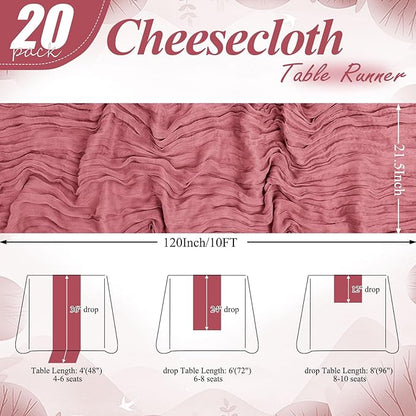 8 Packs Cheesecloth Table Runner 10FT Long Boho Gauze Fabric Table Runner Vintage Rustic Sheer Runners for Wedding Party Bridal Baby Shower Table Decorations (Dusty Rose)