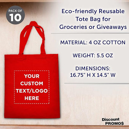 DISCOUNT PROMOS Custom Cotton Canvas Tote Bags Set of 10, Personalized Bulk Pack - Reusable, Great for Shopping, Grocery, Beach, Picnic, Wedding Favors - Red