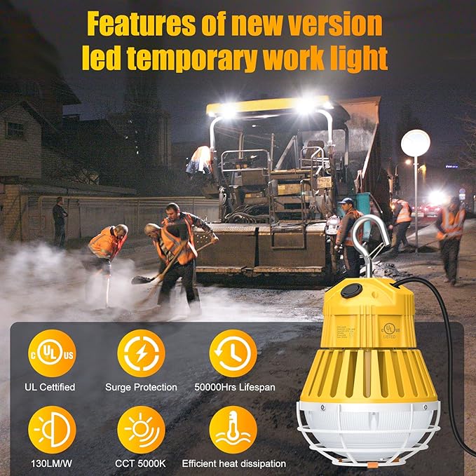 LED Temporary Work Light 80W, 10400LM 5000K Portable Hanging Construction Light with 10ft Cable Plug and Sturdy Hooks Linkable LED Work Light for Job Site Lighting, Workshop, Garage ETL Listed