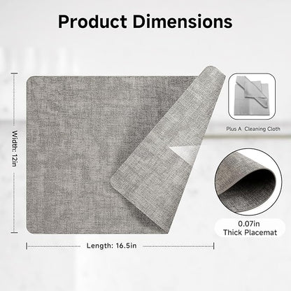 Faux Leather Vinyl Placemats Set of 6 Wipeable Heat Resistant Place Mats 100% Washable - Waterproof - Anti Slip Reversible Table Mats for Kitchen/Dining/Party/Outdoor, 12" x 16.5", Dark Grey