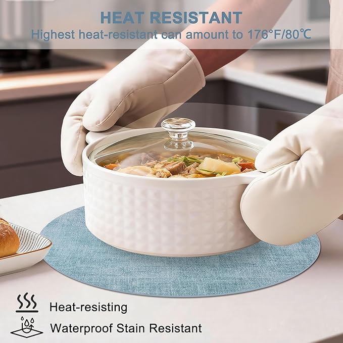 Round Faux Leather Placemats and Coasters, Set of 6, Reversible Heat Resistant Non-Slip Table Mats, Waterproof Wipeable Place Mats for Dining Table, Washable for Indoor & Outdoor (6, Blue)