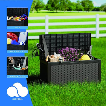 100 Gallon Deck Box, Resin Outdoor Indoor Waterproof Storage Box, Lockable Storage Box With Handle for Patio Furniture - Garden Tools - Swimming Pool Tools UV-Resistant, (100 Gallon Black)