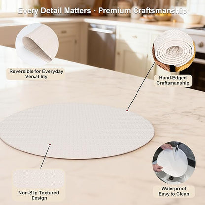 Round Faux Leather Placemats Set of 4 – 13 Inch Vinyl Table Mats, Heat Resistant, Non Slip, Wipeable & Washable, Easy to Clean Dining Table Decor for Kitchen & Dining Room（Ivory White）