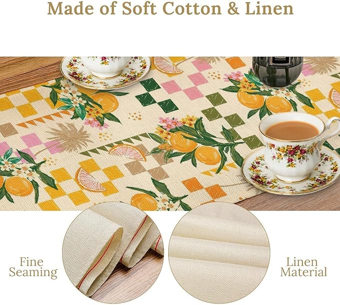 Tropical Summer Fruit Table Runner, Orange Square Grid Lemon Beach Ocean Table Runner for Kitchen Dining Party Holiday Home 13x108in