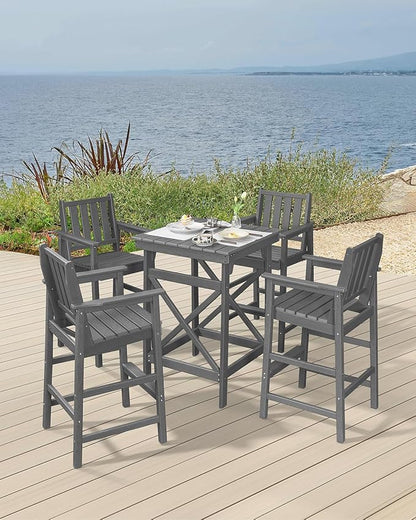 5 Pieces Adirondack Bar Chairs Set, HDPE Patio Bar Height Table and Chairs, Tall Adirondack Outdoor Bar Stools Set, HDPE Patio Bar Table Sets Furniture for Balcony, Garden, Pool, Smoke Gray