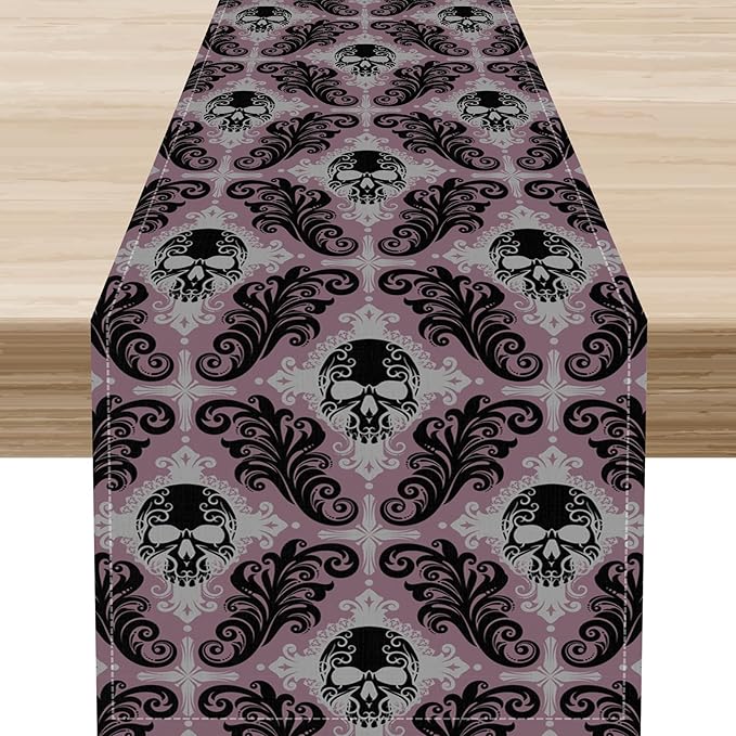 Goth Table Runner, Antique Gothic Damask Skull Baroque Style Floral Halloween Exotic Purple Coffee Vintage Table Center Decor for Kitchen and Dining Outdoor Country Party Table Decorations, 13"x108"