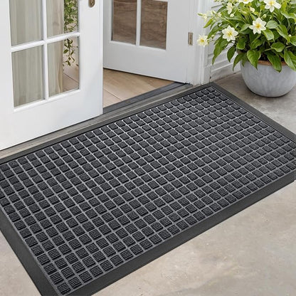 DEXI Front Door Mat Outside Entrance, 2x4 ft Rubber Entry Doormat Heavy Duty, Welcome Mats Non Slip for Inside House Floor Entryway Double Doors Exterior Patio, Checkered Grey