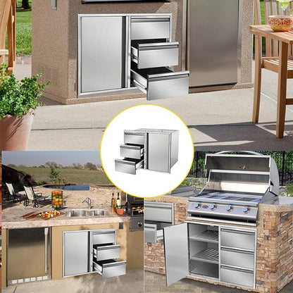 Outdoor Kitchen Door Drawer Combo Cabinet 28" W x 22" H x 19.5" D Stainless Steel Built-in Triple Drawers&Access Door Combo Cabinet for Outdoor Kitchen Island