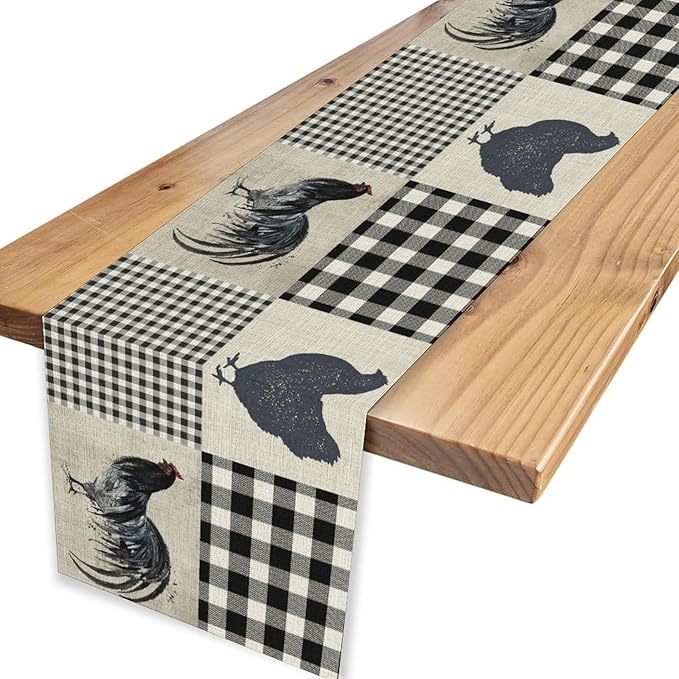Farmhouse Rooster Table Runner, Vintage Rooster Retro Farmhouse Country Chicken Buffalo Checked Coffee Table Center Decor for Home Kitchen Dining Patio Holiday Party Table Decorations 13"x36"