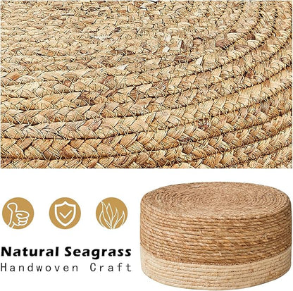 Wimarsbon Round Foot Stool Natural Seagrass Poufs Ottoman Hand Weave Footrest Stool for Couch Desk Extra Seat Step Stool with Solid Wood Legs for Hallway Patio Lounge White
