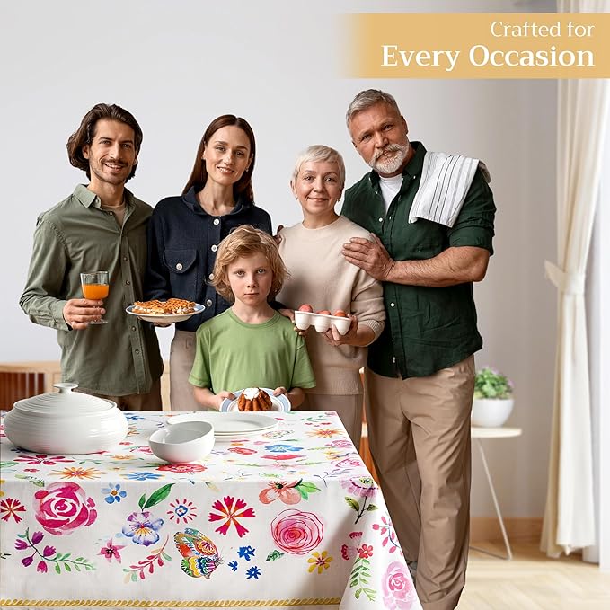 Maison d' Hermine Table Cloth Rectangle Table 100% Cotton 60 x 108 Inches Tablecloth Reusable for Dining Room, Farmhouse, Home, Party, Festive & Wedding Spring Summer - Happy Florals - Sweety