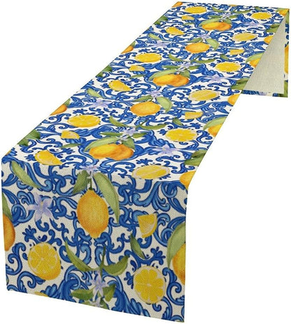 Rustic Lemon Table Runner,Vintage Morocco Blue Mediterranean Spring Summer Fruit Print Table Runner for Farmhouse Kitchen Dining Table Home Party Decor 13x36in
