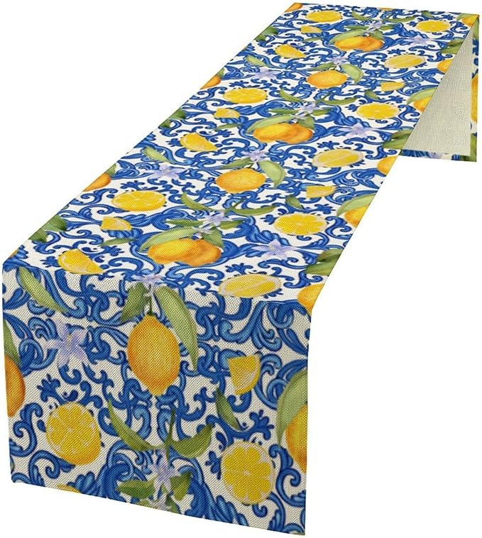 Rustic Lemon Table Runner,Vintage Morocco Blue Mediterranean Spring Summer Fruit Print Table Runner for Farmhouse Kitchen Dining Table Home Party Decor 13x120in