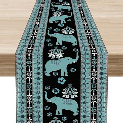 African Tribal Table Runner, Boho Elephants Tribal Traditional Indian Diwali Animal Blue Ethnic Rustic Coffee Table Center Decor for Home Kitchen Holiday Party Outdoor Table Decorations, 13"x72"