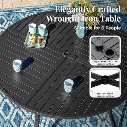 Outdoor Patio Round Dining Table for 6, 54"x 54" Metal Round Table with Adjustable Umbrella Hole, All Weather Wrought Iron Black Outdoor Table for Deck Lawn Garden Backyard, Black
