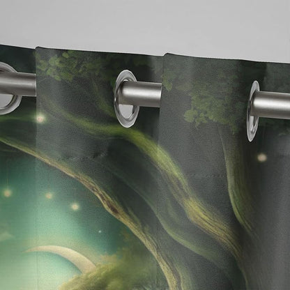 Forest Theme Waterproof Indoor/Outdoor Curtains,Trees Moon Lake Pattern,Weatherproof Outside Curtain for Cabana, Porch, Pergola and Gazebo,2 Panel,54 x 96 inch,Green