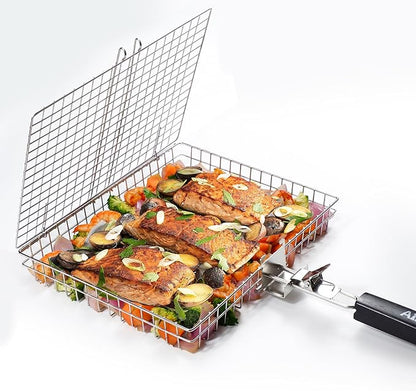 Grill Basket - Grill Baskets for Outdoor Grill, Stainless Steel Large Grilling Basket w Removable Handle, Portable Fish Grilling Rack for Grill Ideal Meat Fish Vegetables Grilling Accessories