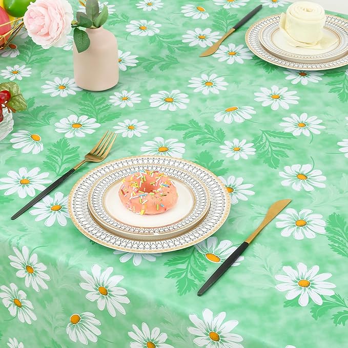 misaya Rectangle Waterproof Vinyl Table Cloth, Wipeable Tablecloth with Flannel Backing, Plastic Table Cover for Dinner, Picnic, Indoor and Outdoor (Green Daisy, 54" x 78")