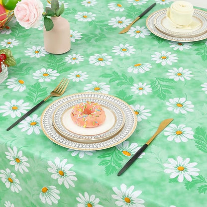 misaya Rectangle Waterproof Vinyl Table Cloth, Wipeable Tablecloth with Flannel Backing, Plastic Table Cover for Dinner, Picnic, Indoor and Outdoor (Green Daisy, 60" x 84")