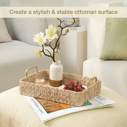Set of 2 Rectangular Wicker Trays with Handles - Decorative Trays for Coffee Table, Ottoman, Dining Room, Living Room (White)