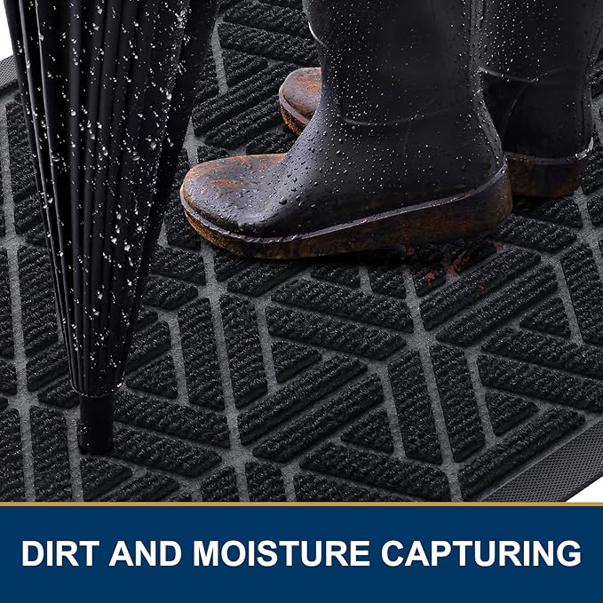 Smiry Front Door Mat Outside Entrance, Heavy Duty Sturdy Natural Rubber Doormat, Trap Dirt and Moisture, Easy Clean Low Profile Mats for Indoor Outdoor Entry, Grid Geometric (36x24, Black)