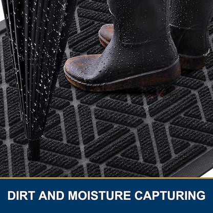 Smiry Front Door Mat Outside Entrance, Heavy Duty Sturdy Natural Rubber Doormat, Trap Dirt and Moisture, Easy Clean Low Profile Mats for Indoor Outdoor Entry, Grid Geometric (36x24, Black)