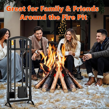 6 Pcs Fireplace Tools Set with Log Carrier, HXJLJY 34" Fireplace Accessories Sturdy Fire Tool Set Holder with Fire Poker Brush Shovel Tong Stand for Indoor Fireplace Outdoor Fire Pit Wood Stove, Arch
