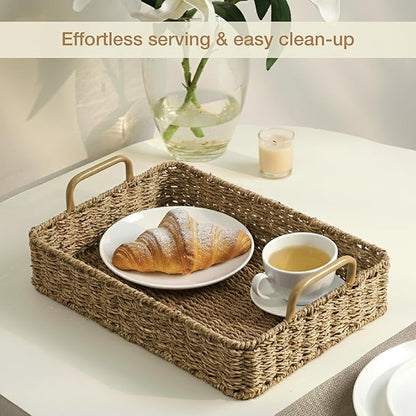 Set of 2 Rectangular Seagrass Trays with Handles - Decorative Trays for Coffee Table, Ottoman, Dining Room, Living Room