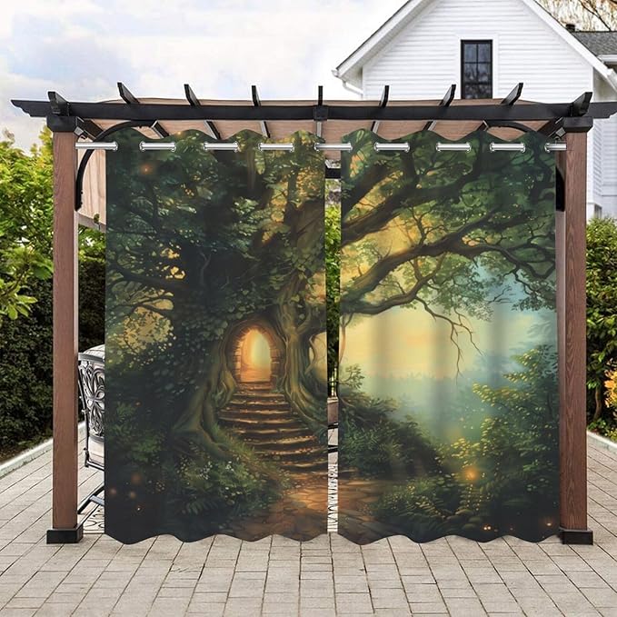 Fantasy Theme Outdoor Curtains for Patio Waterproof,Forest Pattern,Privacy Weatherproof Grommet Outside Curtains for Porch, Pergola, Cabana,Set of 2 Panels,42 x 84 inch,Green