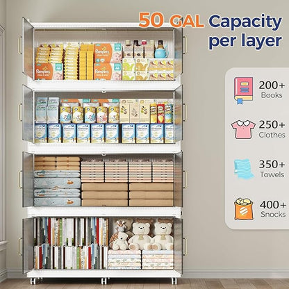 200GAL Extra Large Storage Bins with Lid, 800QT Collapsible Organizer with Wheels, Stackable Closet Cabinet with Doors, Folding Storage Containers for Home, Office, Kitchen, 4Pack White